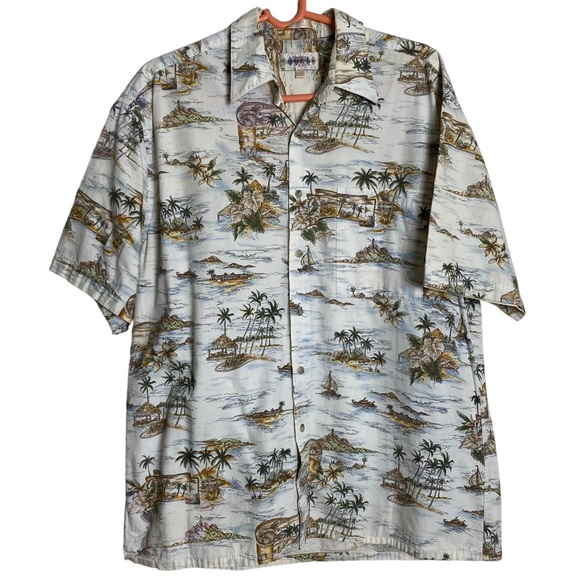 Campia Moda Shirt Mens Large Beige Green Patch Pocket Hawaiian Vacation Island - Picture 1 of 12